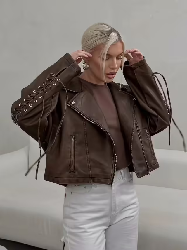 Кожаные модные женские косухи на запах на молнии