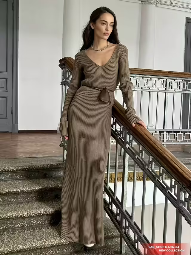 Вязаные женские платья лапша с длинным рукавом