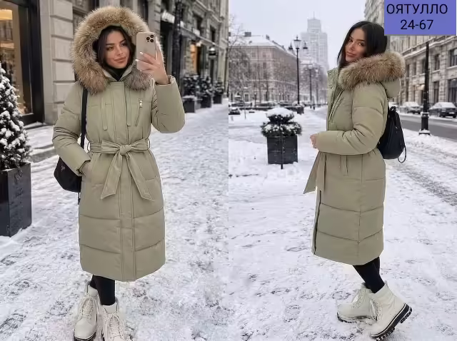 Объемные повседневные меховые тёплые удобные элегантные стильные женские пуховики с капюшоном