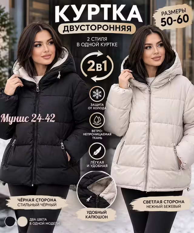 Двусторонние зимние женские куртки 2 в 1